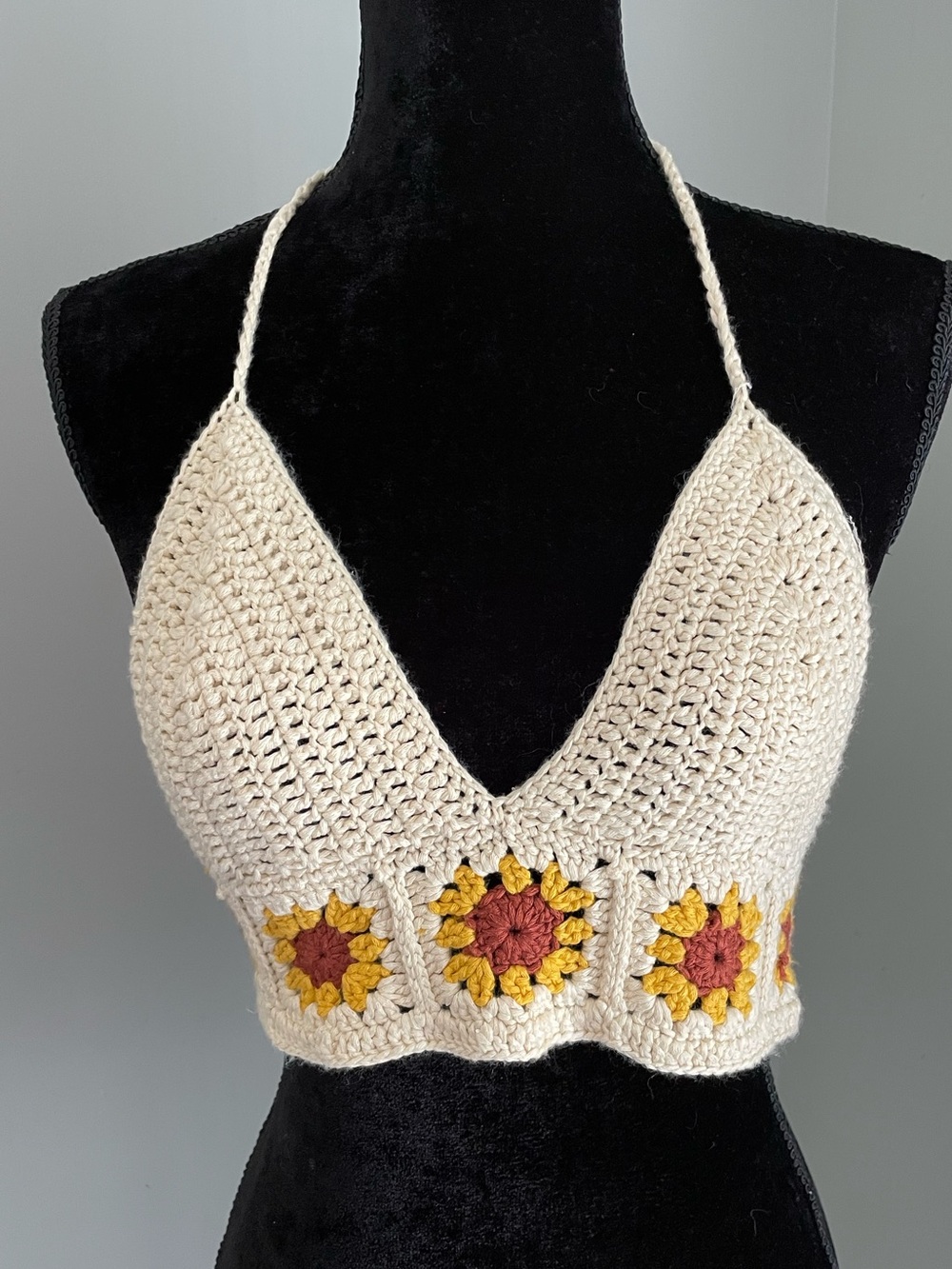 Edikted Cream Crochet Sunflower Halter Crop Top
